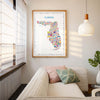 Colorful Florida map poster in wood frame above modern sofa with neutral tones, contemporary wall art décor for living room