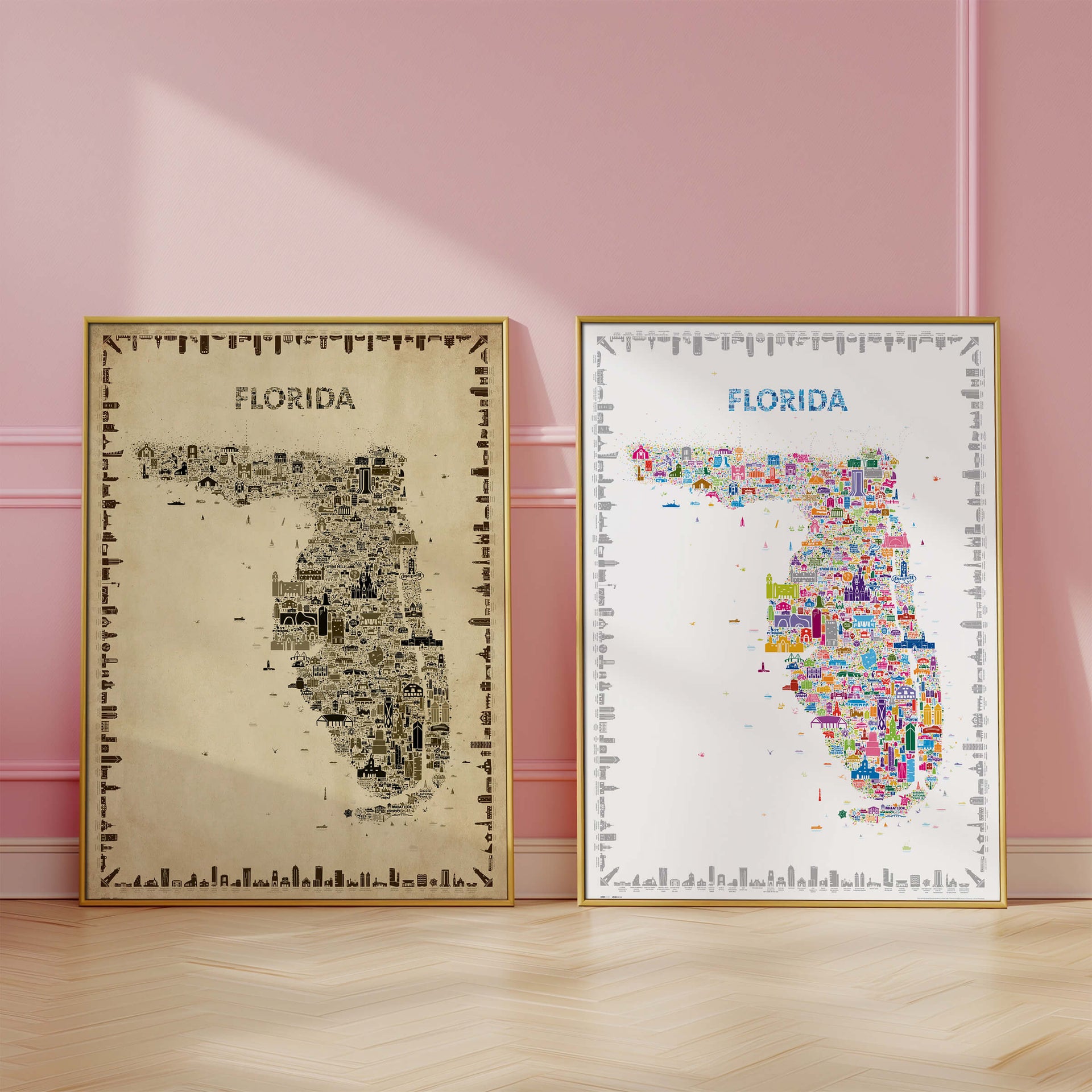 Iconic Florida map posters displayed side by side in colorful and antique sepia editions with gold frames on pink wall, modern and vintage wall art décor