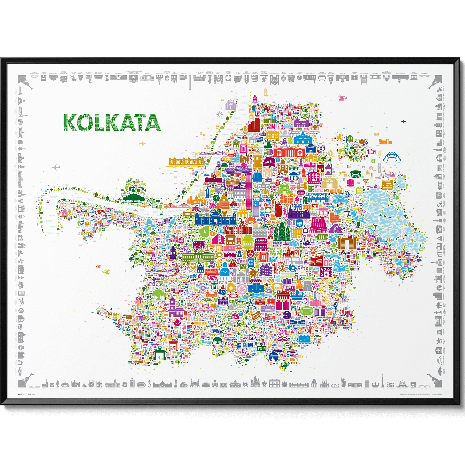 Colorful map of Kolkata with various icons on a white background