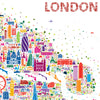 Colorful map of London with iconic landmarks and the word 'London' at the top.