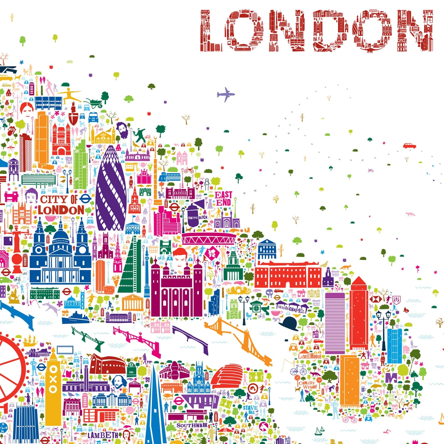 Colorful map of London with iconic landmarks and the word 'London' at the top.