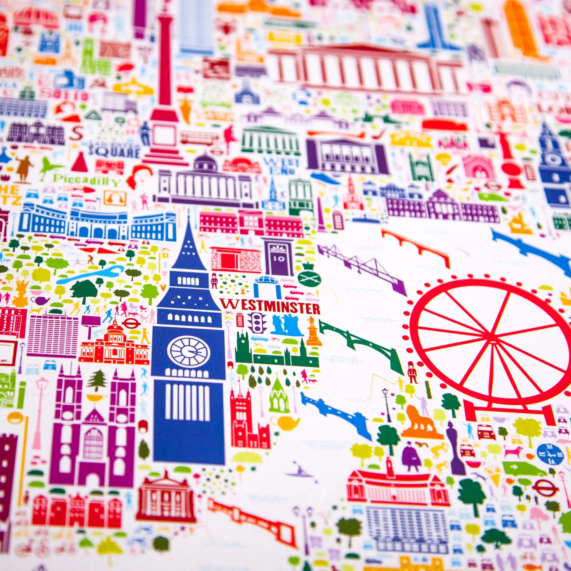 Colorful pattern of London landmarks on a white background