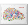 Colorful map of London with various landmarks on a white background