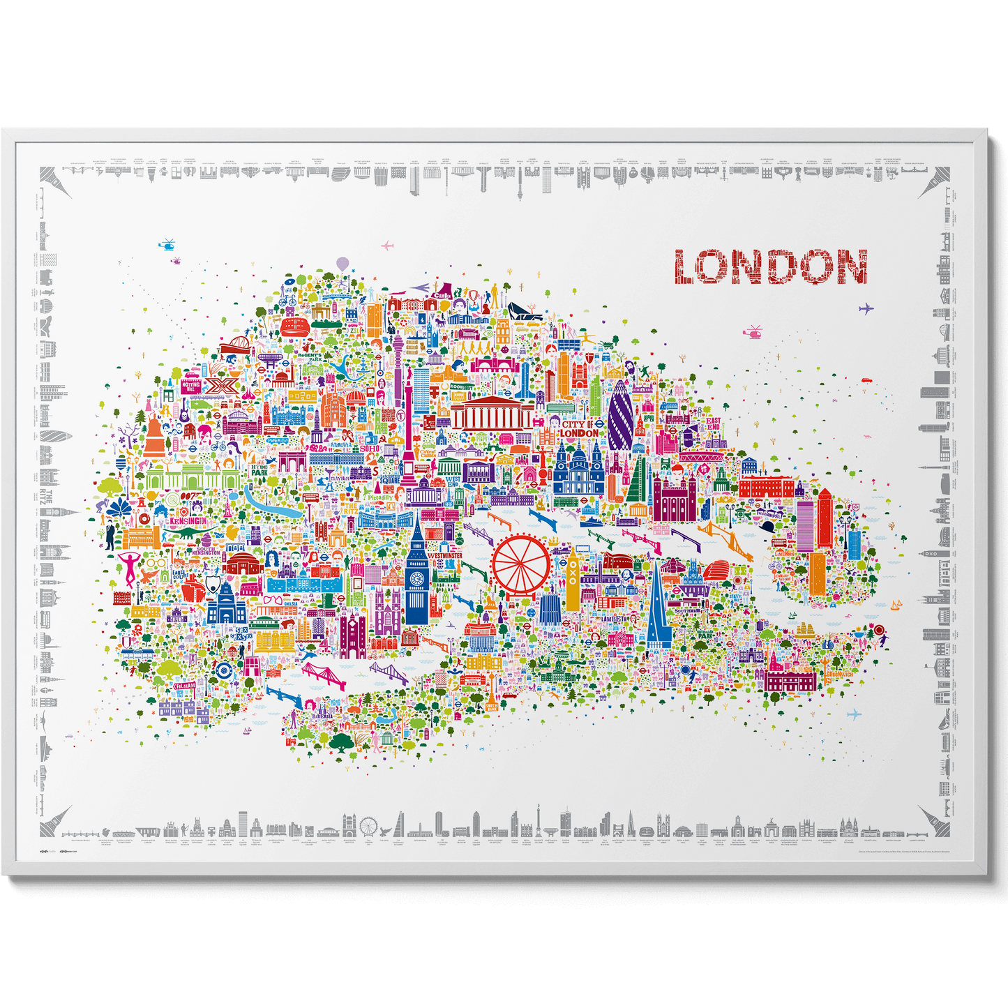 Colorful map of London with various landmarks on a white background