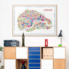 Colorful map of London on a wall above a wooden cabinet with decorative items.