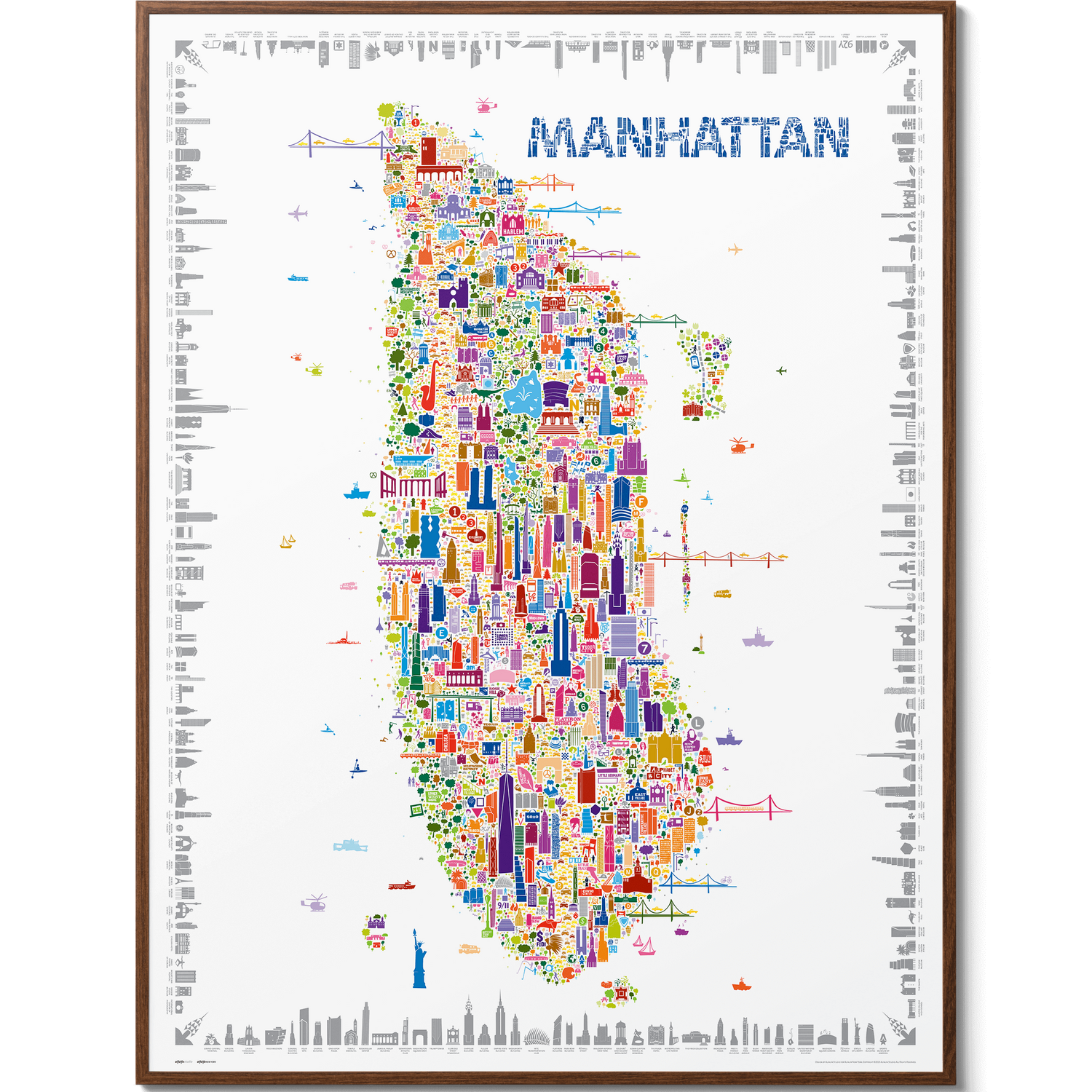 Detailed Manhattan city map art print featuring iconic New York landmarks in a colorful illustrated design, framed in natural wood for elegant wall décor