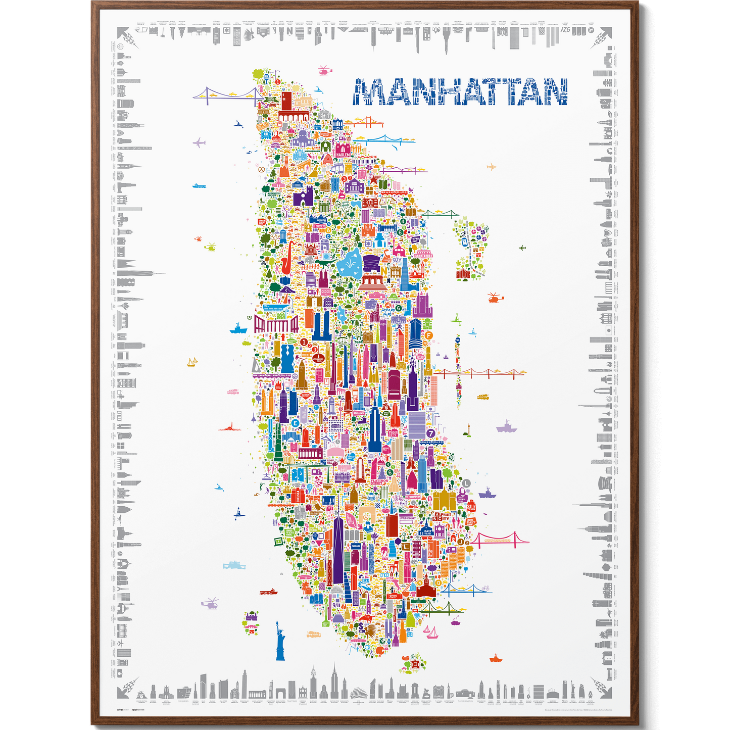Colorful illustrated Manhattan city map art print showcasing famous landmarks and buildings in vibrant detail, framed with a clean white border for modern wall décor.