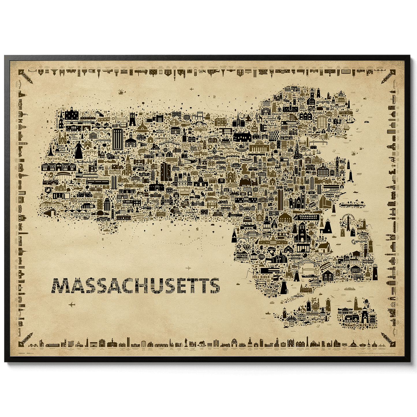 Iconic Massachusetts antique map poster in black frame clean gallery style wall art Bay State travel artwork print
