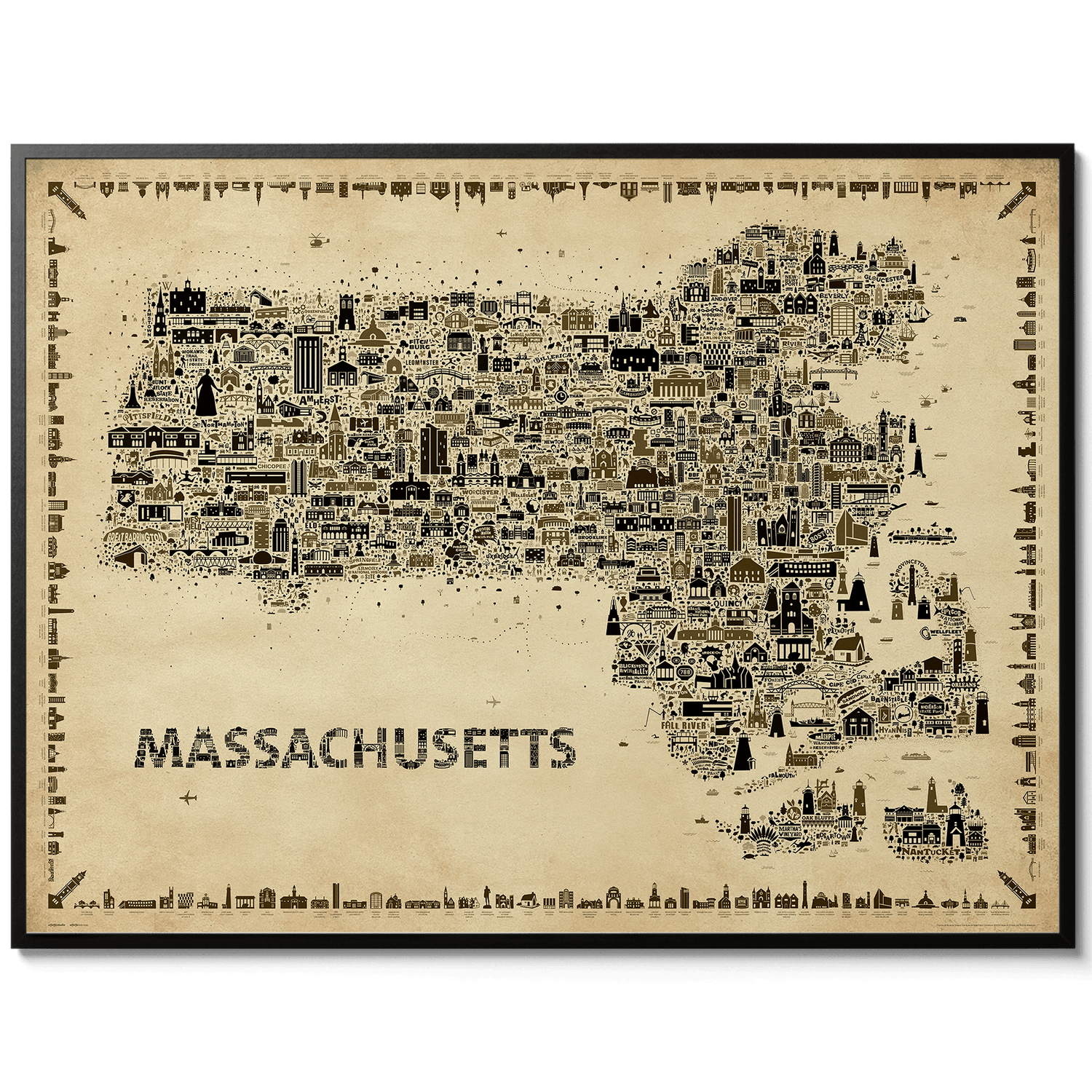 Iconic Massachusetts antique map poster in black frame clean gallery style wall art Bay State travel artwork print