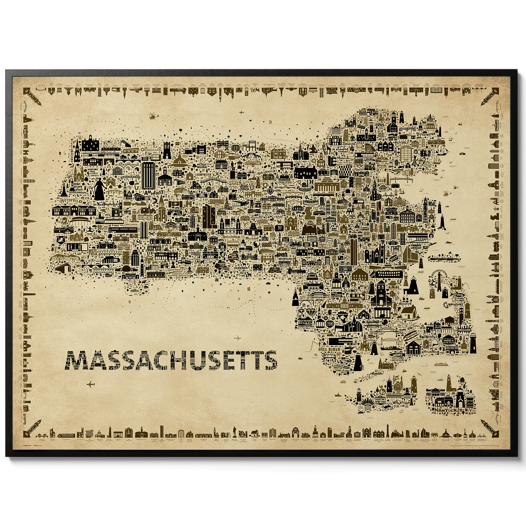 Iconic Massachusetts antique map poster in black frame clean gallery style wall art Bay State travel artwork print