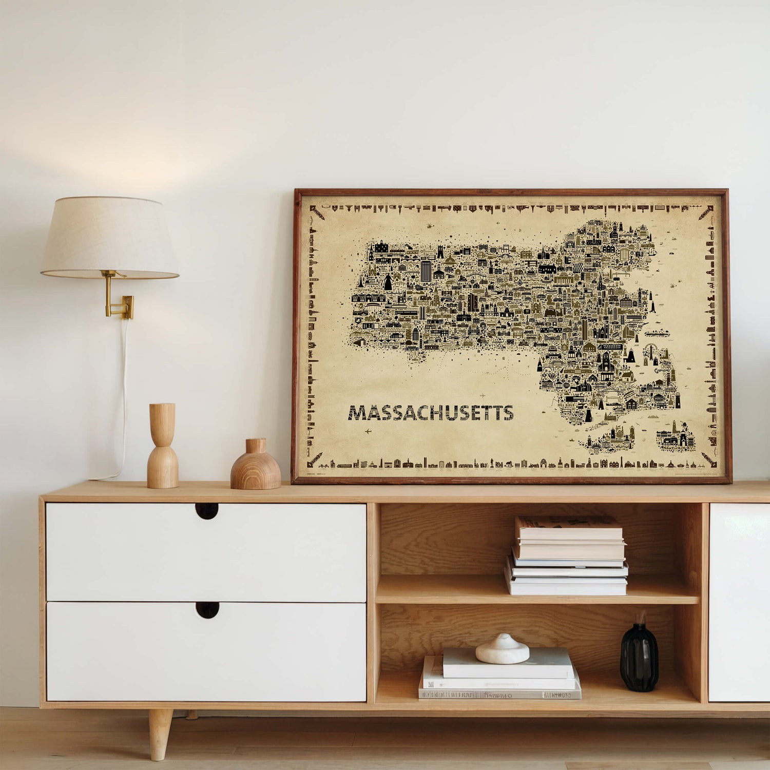 Iconic Massachusetts poster antique map wall art styled on modern console with wood accents minimalist home decor Bay State travel print
