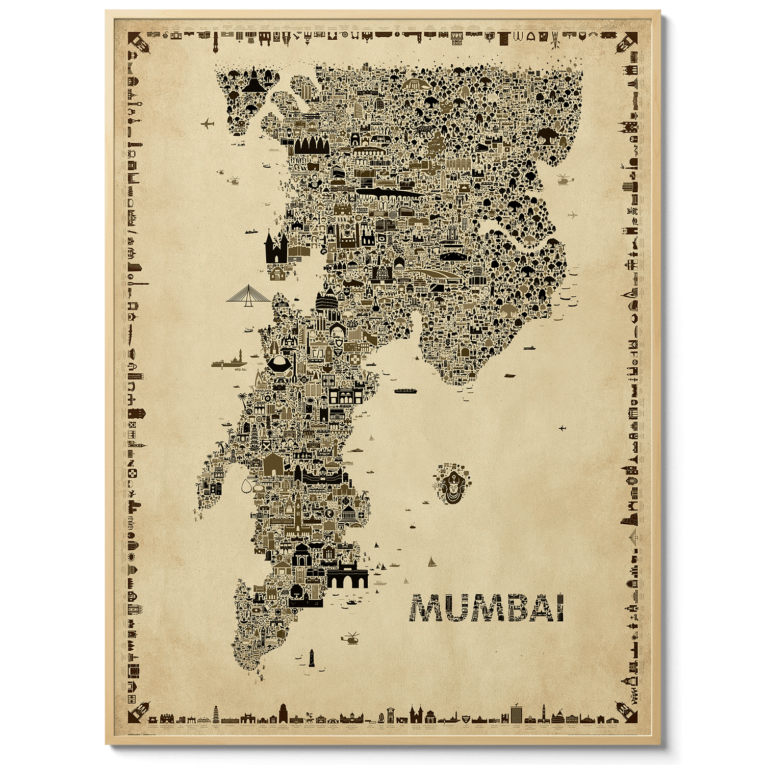 Iconic Mumbai Antique Edition map poster featuring detailed Bombay landmarks in vintage style wall art print
