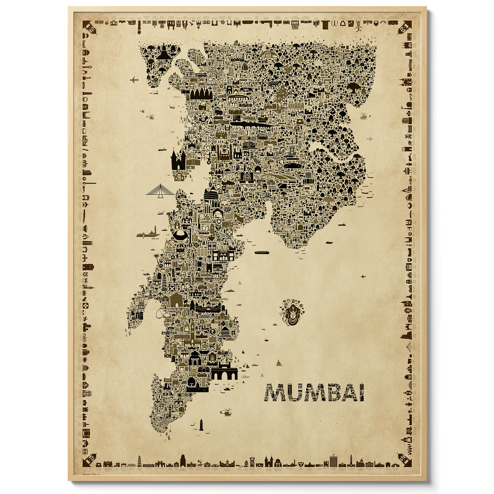 Iconic Mumbai Antique Edition map poster featuring detailed Bombay landmarks in vintage style wall art print