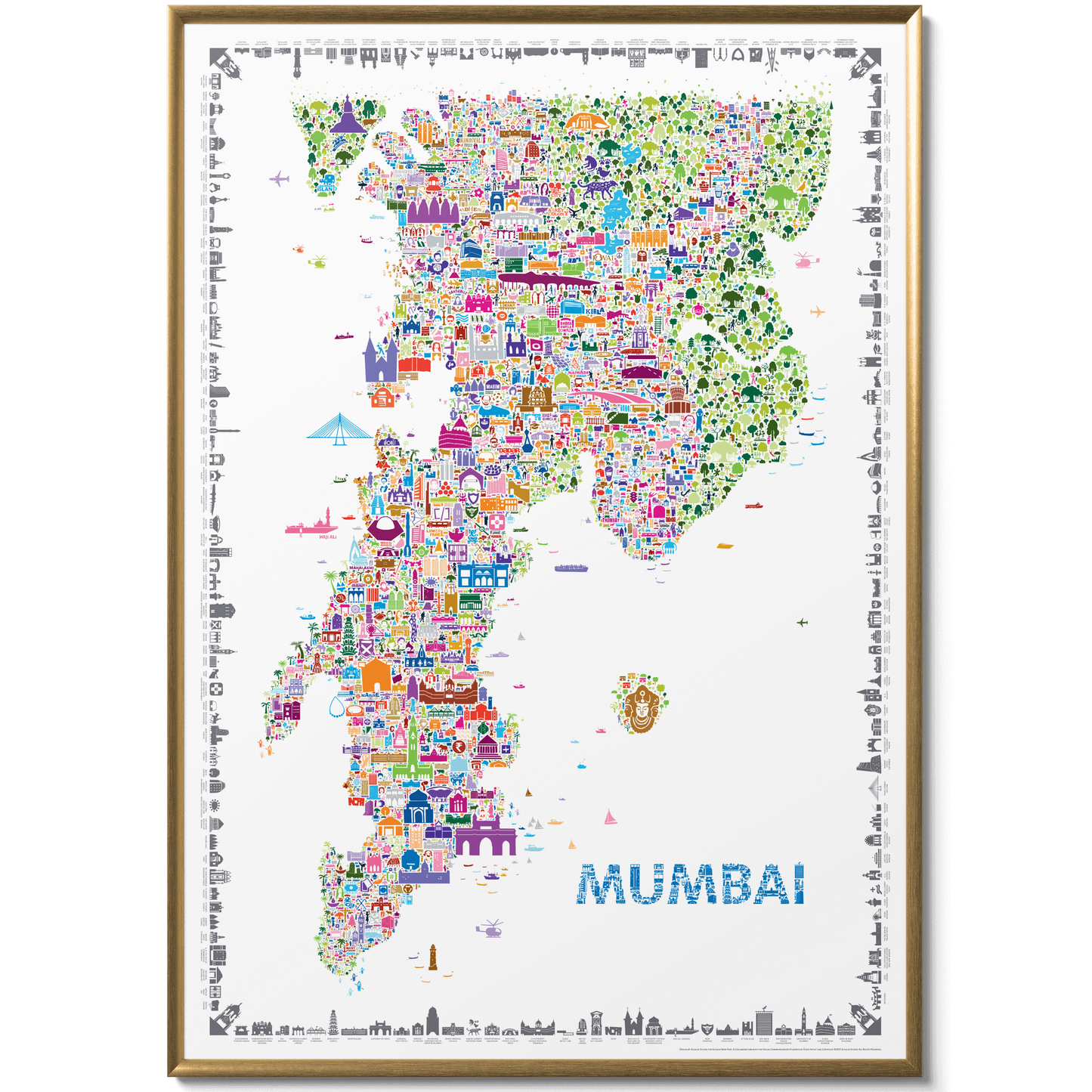 Colorful Mumbai city map art print framed in natural oak wood — premium modern wall decor featuring iconic landmarks, available at Alfalfa New York.