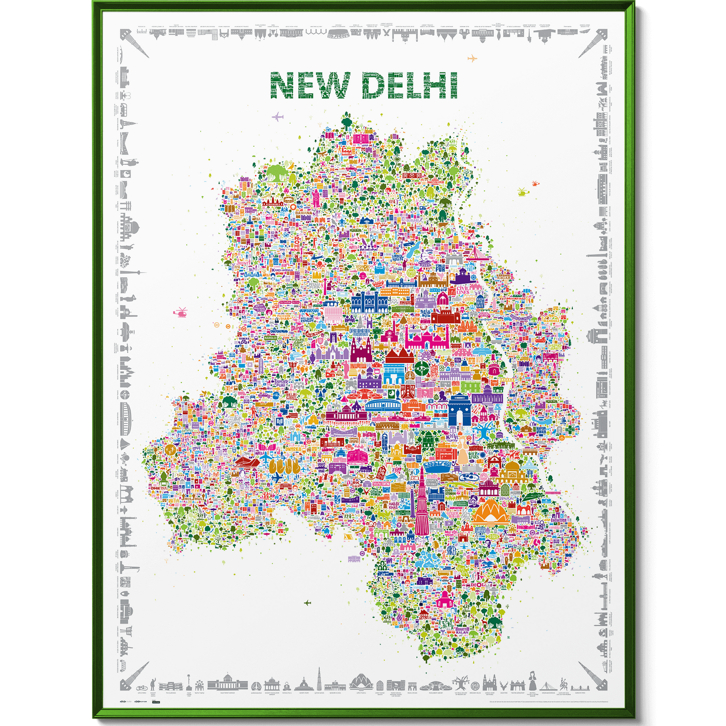 Colorful illustrated map of New Delhi featuring iconic landmarks, architecture, and cultural symbols — vibrant wall art print by Alfalfa New York.