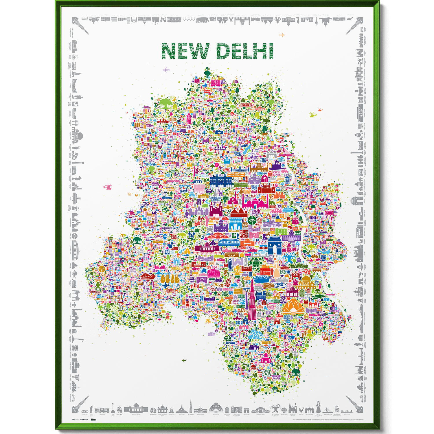 Colorful illustrated map of New Delhi featuring iconic landmarks, architecture, and cultural symbols — vibrant wall art print by Alfalfa New York.
