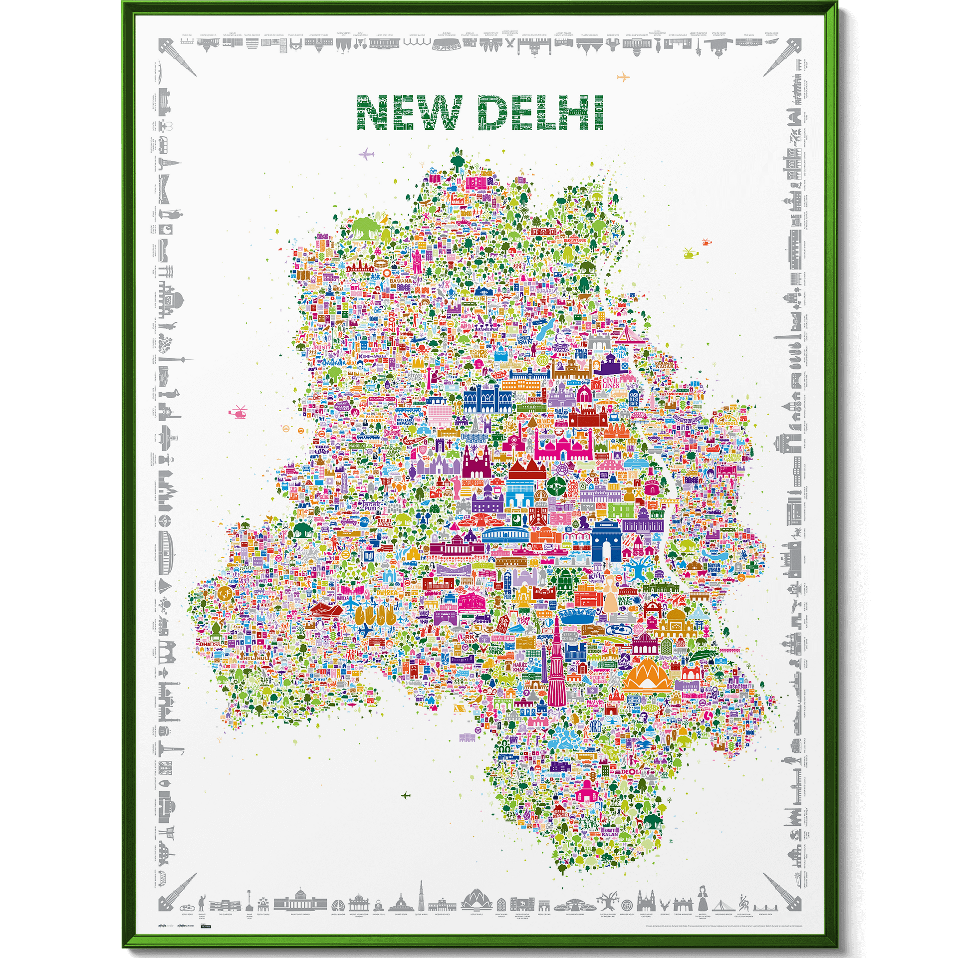 Colorful illustrated map of New Delhi featuring iconic landmarks, architecture, and cultural symbols — vibrant wall art print by Alfalfa New York.