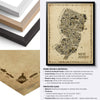 Premium frame options for the Iconic New Jersey Antique Edition featuring Natural Wood, Black Wood, and White Wood gallery frames, museum-quality matte paper, shatterproof plexiglass, and handcrafted hardwood construction for vintage New Jersey map wall art.