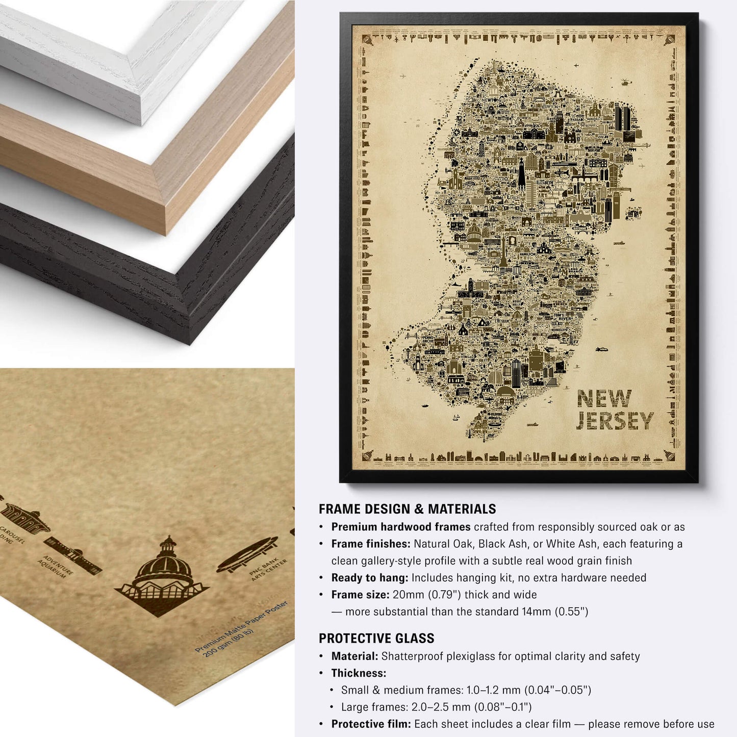 Premium frame options for the Iconic New Jersey Antique Edition featuring Natural Wood, Black Wood, and White Wood gallery frames, museum-quality matte paper, shatterproof plexiglass, and handcrafted hardwood construction for vintage New Jersey map wall art.