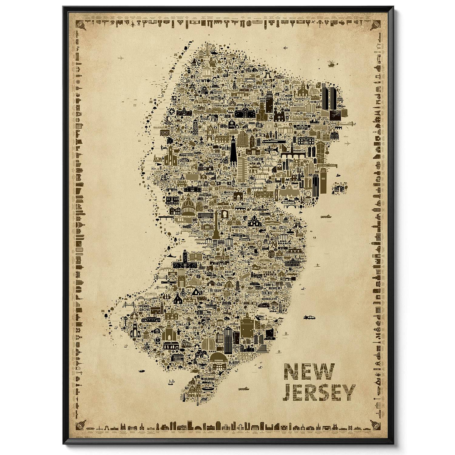 Iconic New Jersey Antique Edition vintage sepia map poster in a sleek black gallery frame featuring more than 600 hand-drawn landmarks, cities, architecture, parks, and cultural icons. Elegant old-world wall art, Garden State travel map artwork, designer home décor, collectible New Jersey print, unique NJ gift, and timeless souvenir.