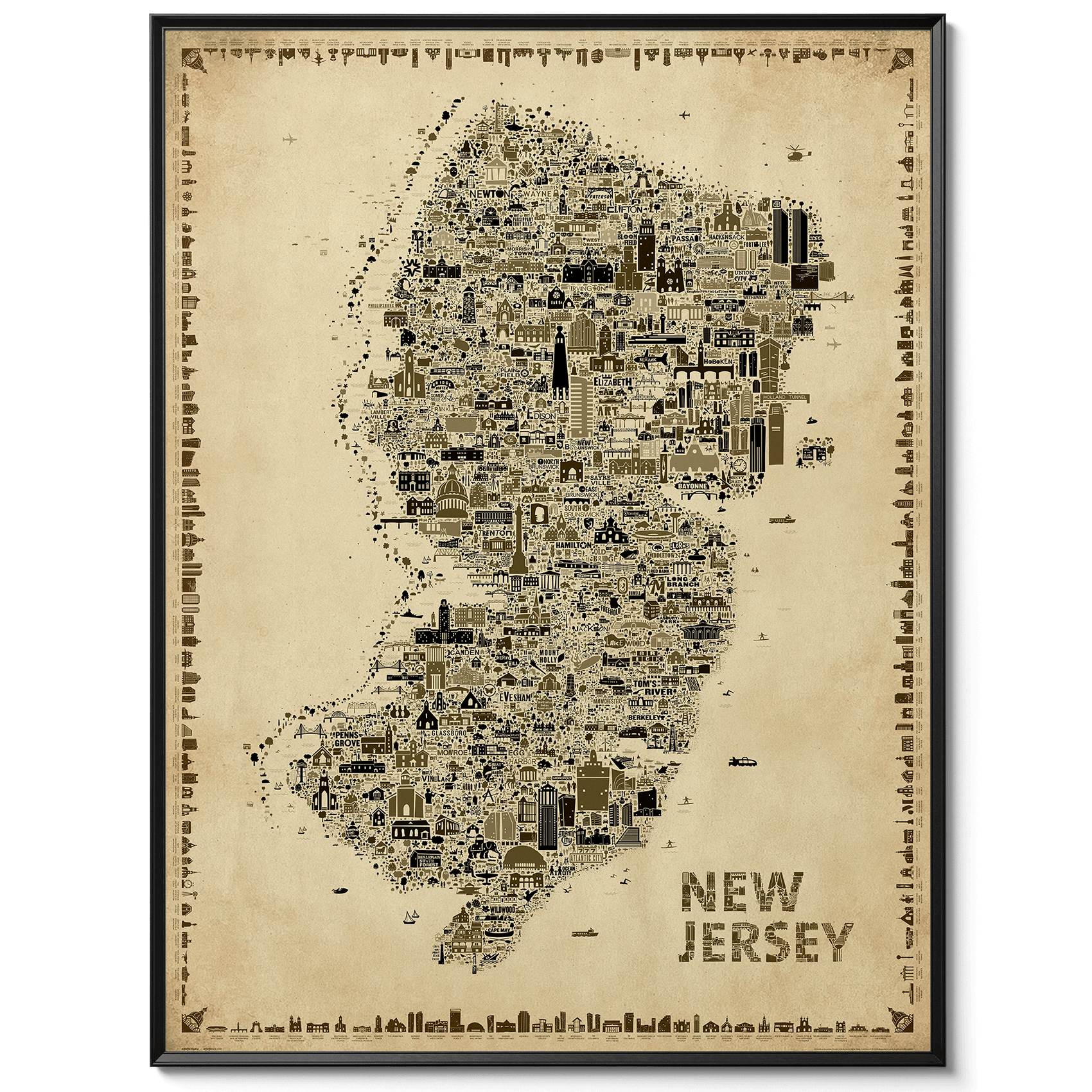 Iconic New Jersey Antique Edition vintage sepia map poster in a sleek black gallery frame featuring more than 600 hand-drawn landmarks, cities, architecture, parks, and cultural icons. Elegant old-world wall art, Garden State travel map artwork, designer home décor, collectible New Jersey print, unique NJ gift, and timeless souvenir.