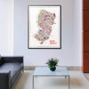 Framed New Jersey city map art print displayed in a modern office-style living space — colorful wall art in black frame, contemporary decor by Alfalfa New York.