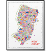 Colorful New Jersey city map art print framed in black wood — detailed modern wall art featuring iconic landmarks, available at Alfalfa New York.