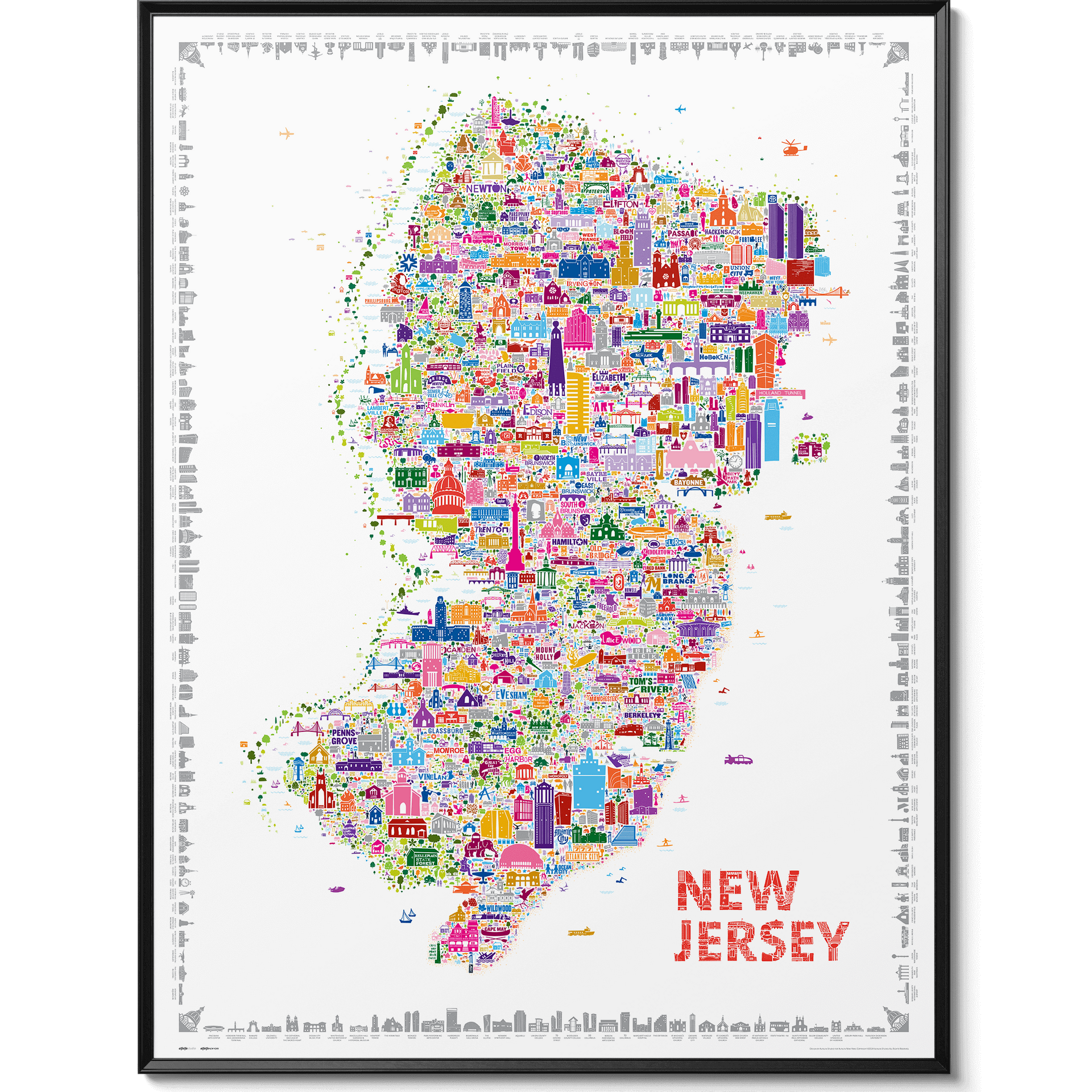 Colorful New Jersey city map art print framed in black wood — detailed modern wall art featuring iconic landmarks, available at Alfalfa New York.