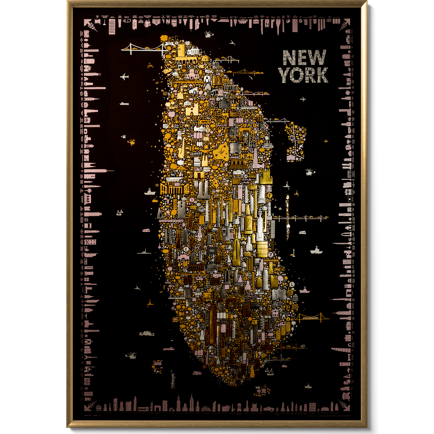 Framed artwork of a stylized map of New York City with a black background