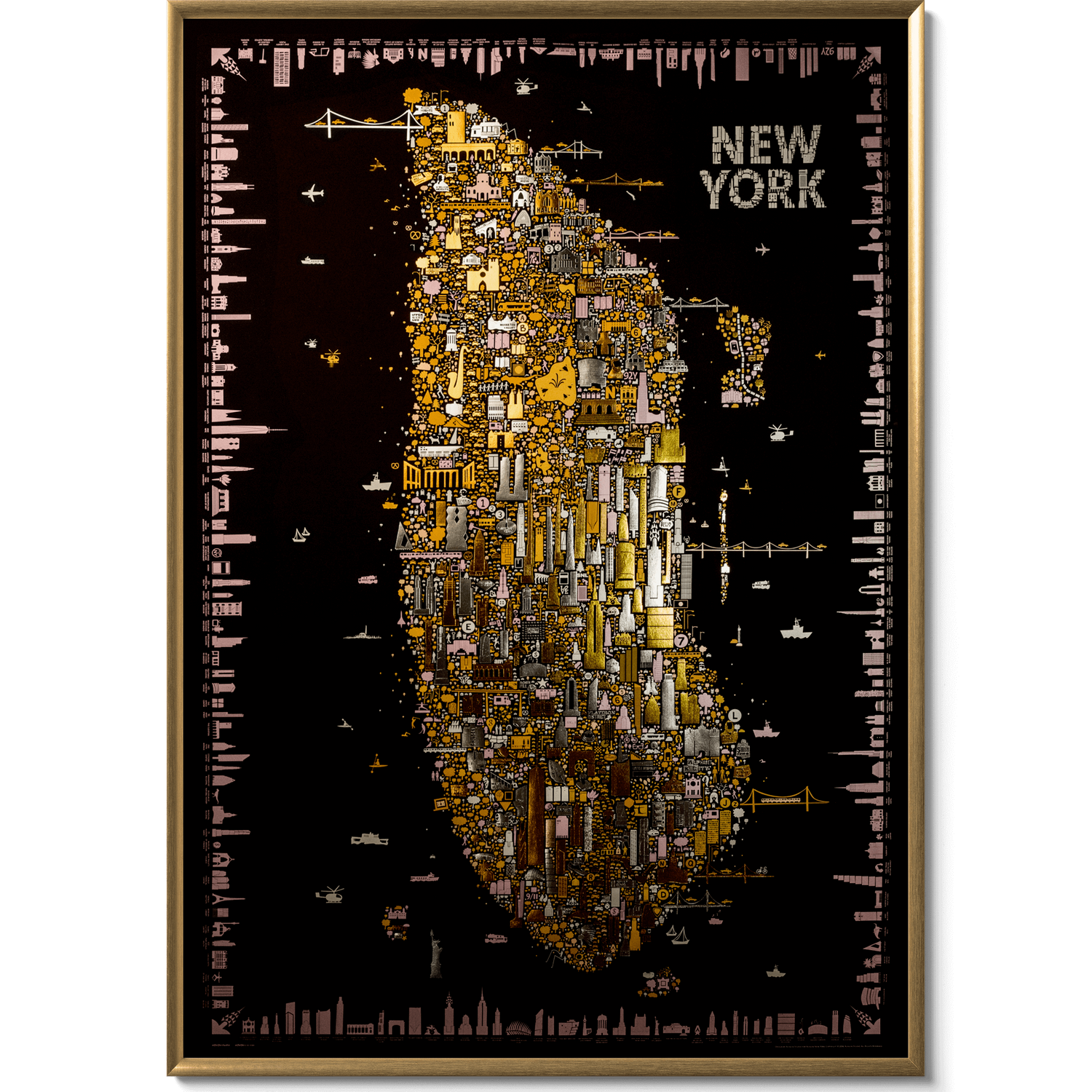 Framed artwork of a stylized map of New York City with a black background
