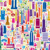 Close-up detail of Alfalfa New York’s colorful illustrated map poster featuring Midtown Manhattan landmarks like the Empire State Building, Times Square, and Chrysler Building in a vibrant geometric art style.