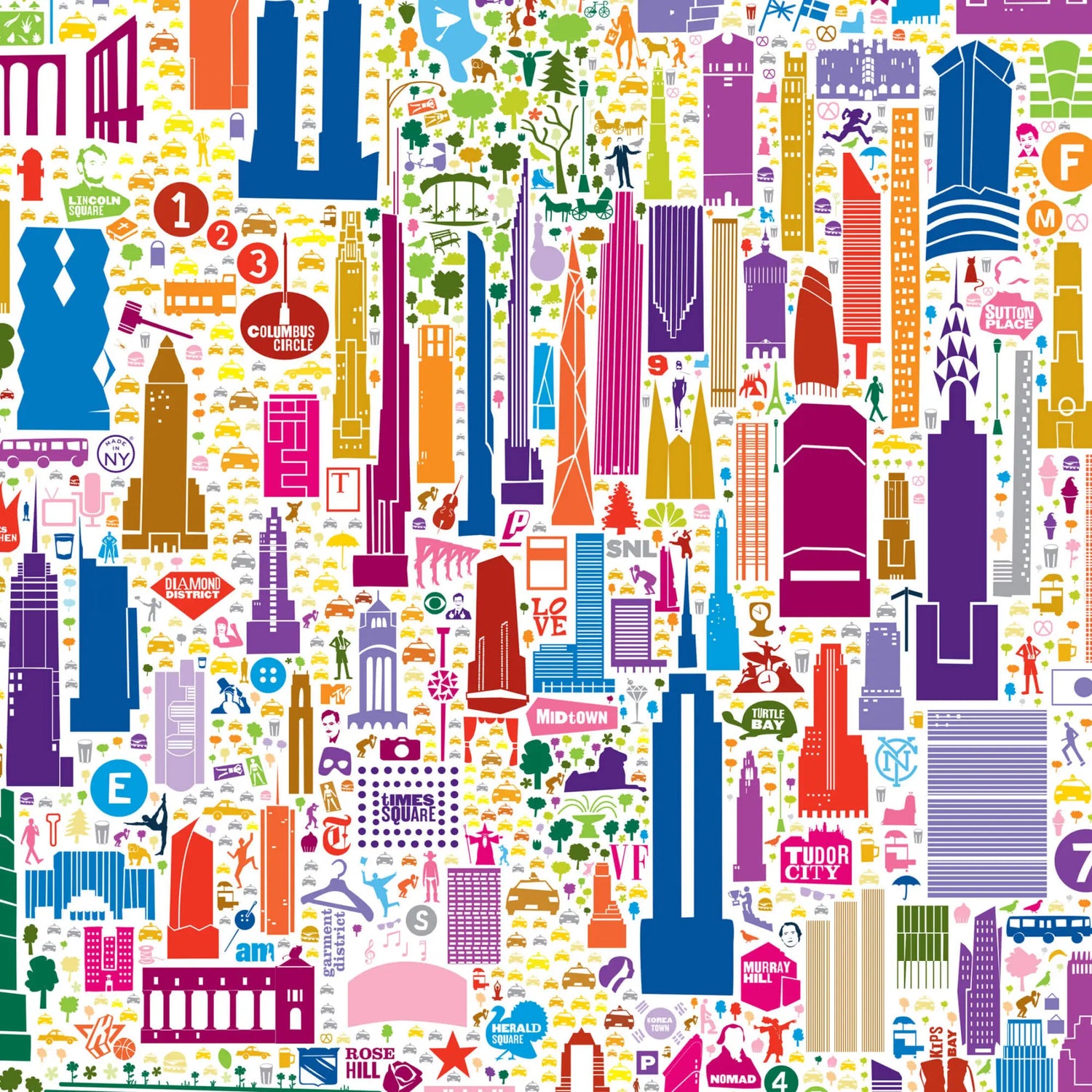 Close-up detail of Alfalfa New York’s colorful illustrated map poster featuring Midtown Manhattan landmarks like the Empire State Building, Times Square, and Chrysler Building in a vibrant geometric art style.