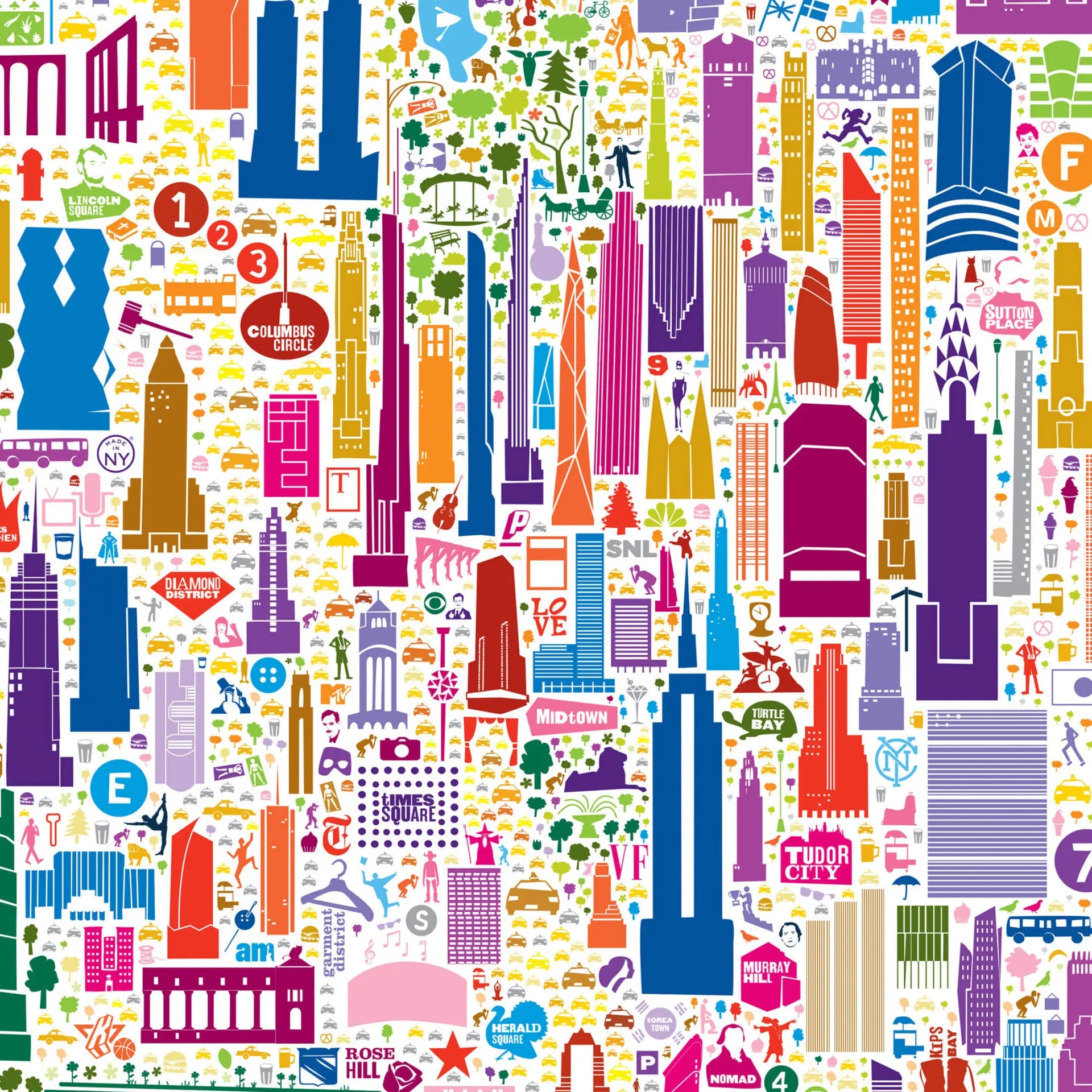 Close-up detail of Alfalfa New York’s colorful illustrated map poster featuring Midtown Manhattan landmarks like the Empire State Building, Times Square, and Chrysler Building in a vibrant geometric art style.