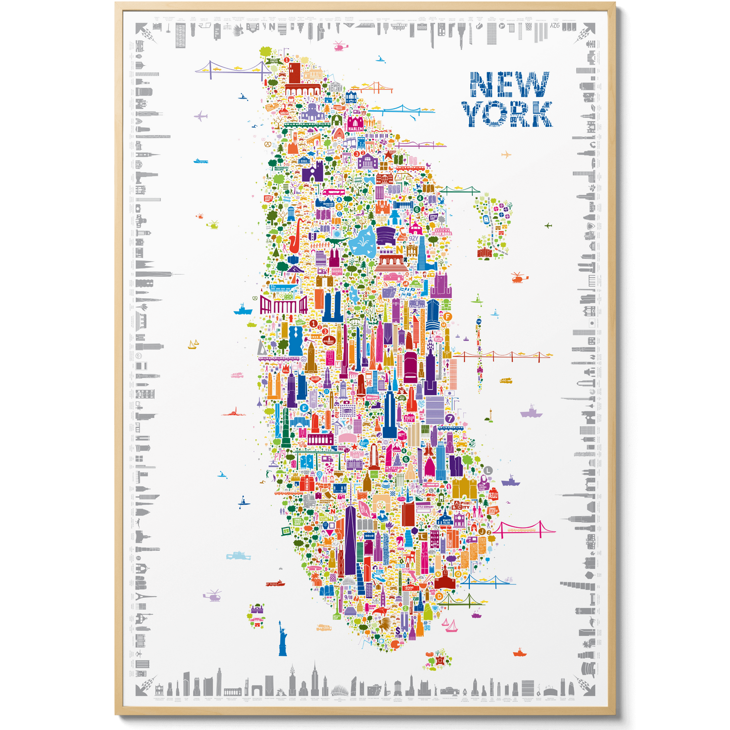 Colorful illustrated map poster of New York City by Alfalfa New York, featuring iconic landmarks like the Statue of Liberty, Empire State Building, and Brooklyn Bridge in a modern art style.
