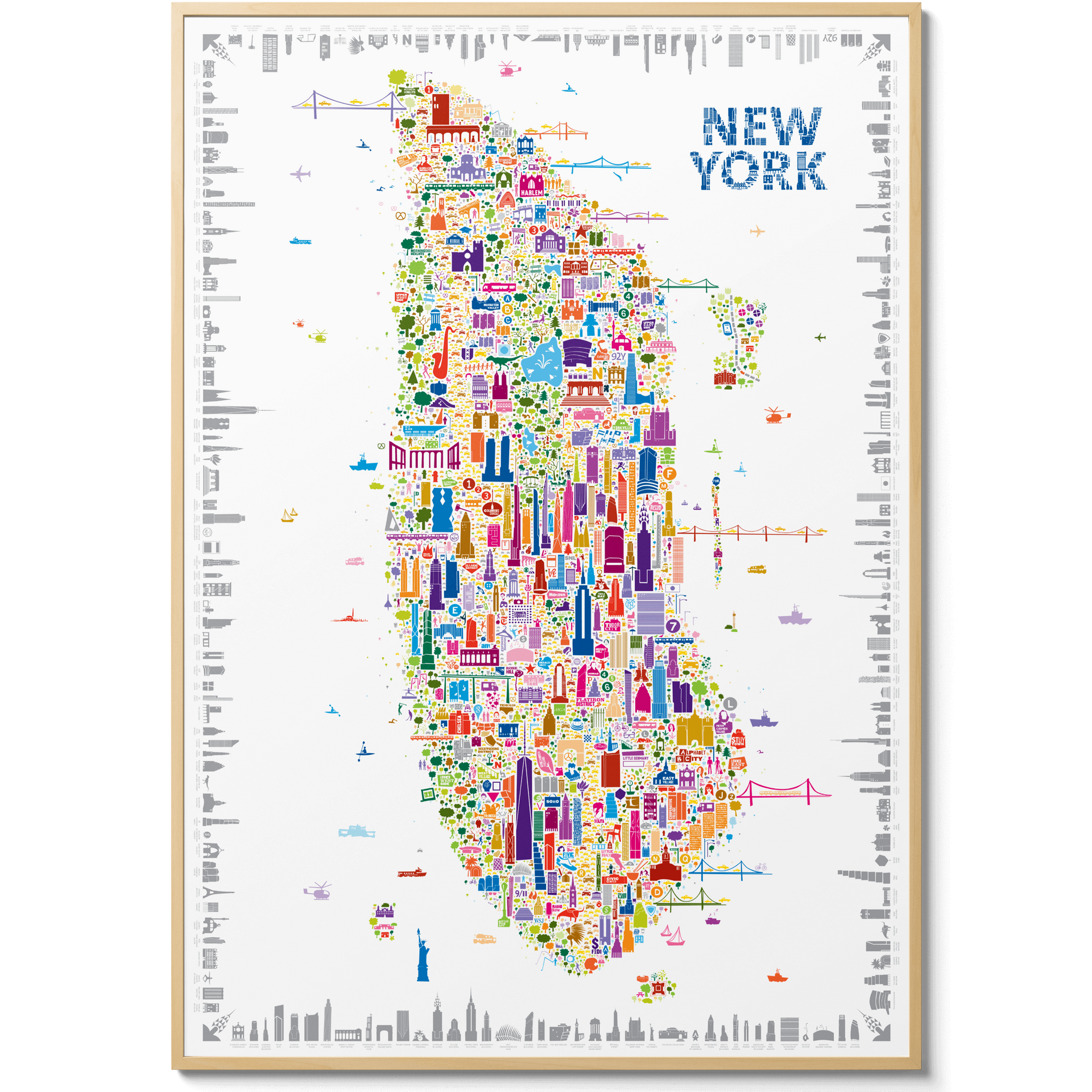 Colorful illustrated map poster of New York City by Alfalfa New York, featuring iconic landmarks like the Statue of Liberty, Empire State Building, and Brooklyn Bridge in a modern art style.