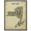 Iconic New York State Antique Map Poster in a clean black frame, a vintage sepia wall art print featuring the Empire State, NYC, Niagara Falls, the Adirondacks, Finger Lakes, Hudson Valley, Long Island, and more.