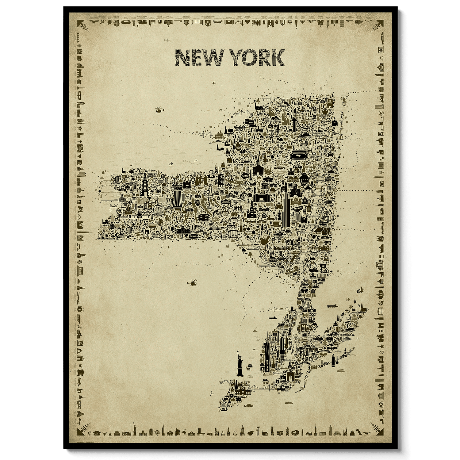 Iconic New York State Antique Map Poster in a clean black frame, a vintage sepia wall art print featuring the Empire State, NYC, Niagara Falls, the Adirondacks, Finger Lakes, Hudson Valley, Long Island, and more.
