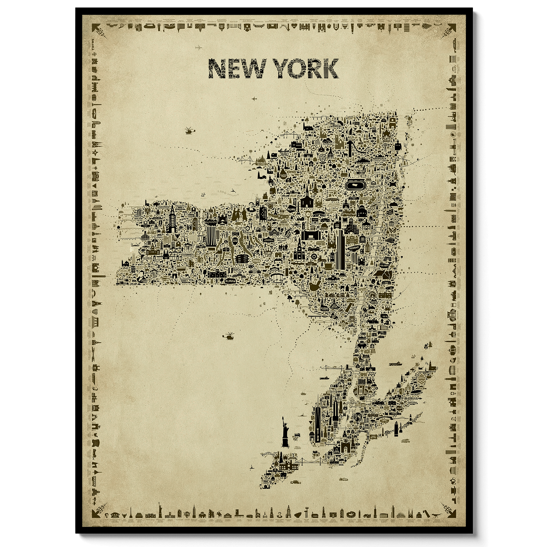 Iconic New York State Antique Map Poster in a clean black frame, a vintage sepia wall art print featuring the Empire State, NYC, Niagara Falls, the Adirondacks, Finger Lakes, Hudson Valley, Long Island, and more.