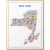 Colorful illustrated New York state map art print featuring famous landmarks and cityscapes, framed in a light wood border — a modern and vibrant wall décor piece.