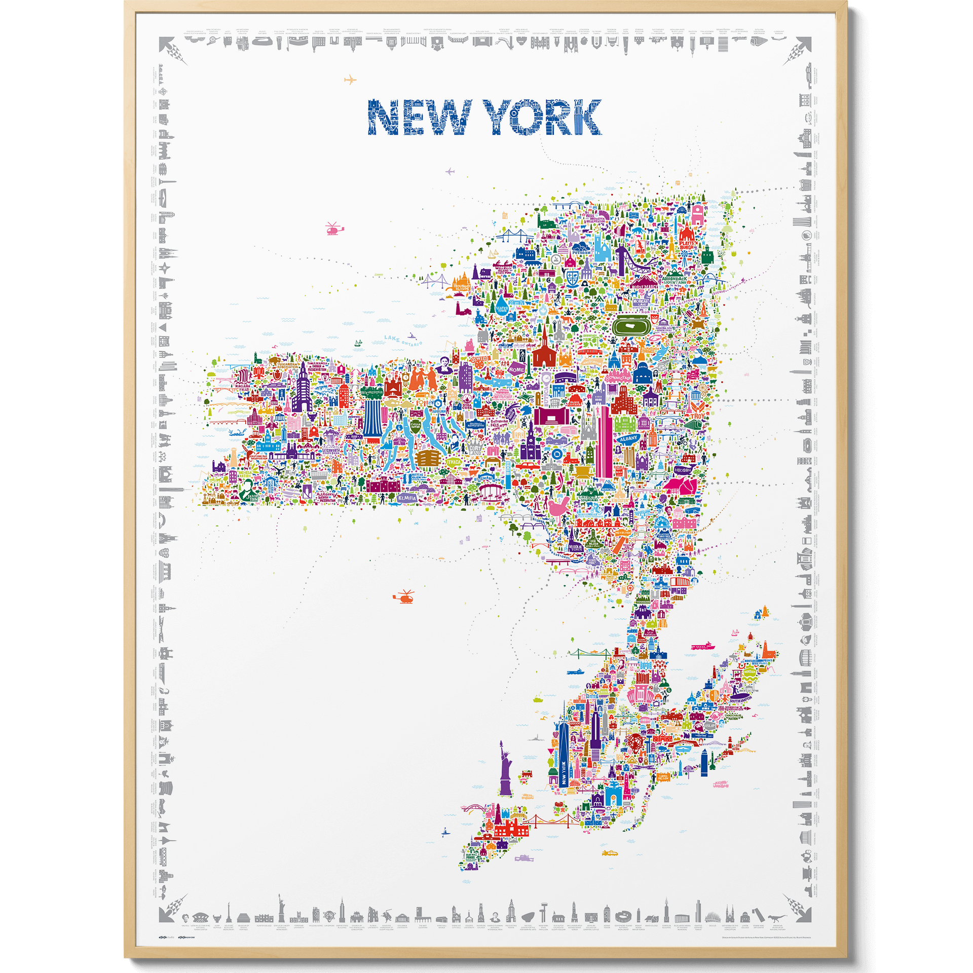 Colorful illustrated New York state map art print featuring famous landmarks and cityscapes, framed in a light wood border — a modern and vibrant wall décor piece.