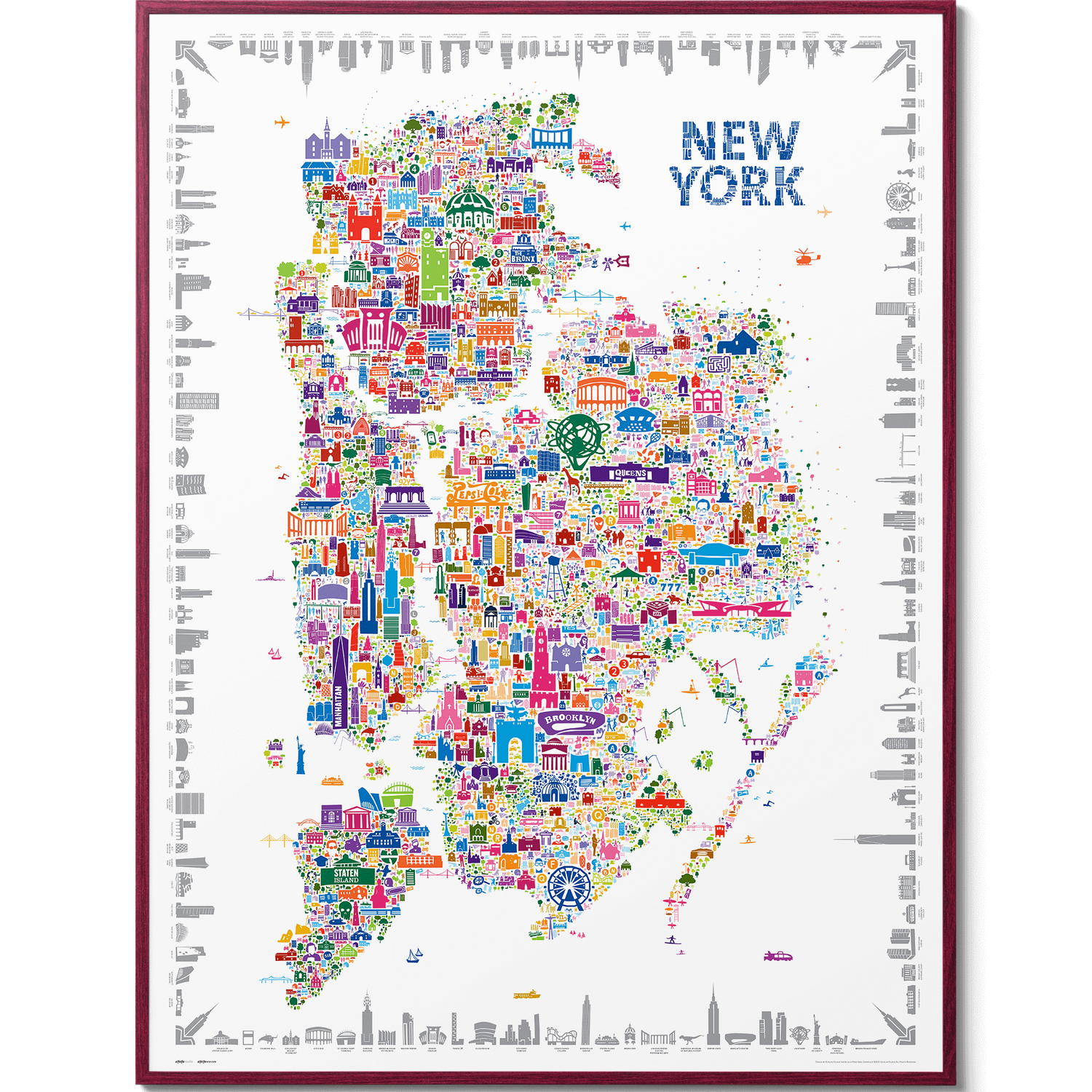 Colorful illustrated map poster of New York City by Alfalfa New York, highlighting landmarks across all five boroughs in a vibrant modern art style.