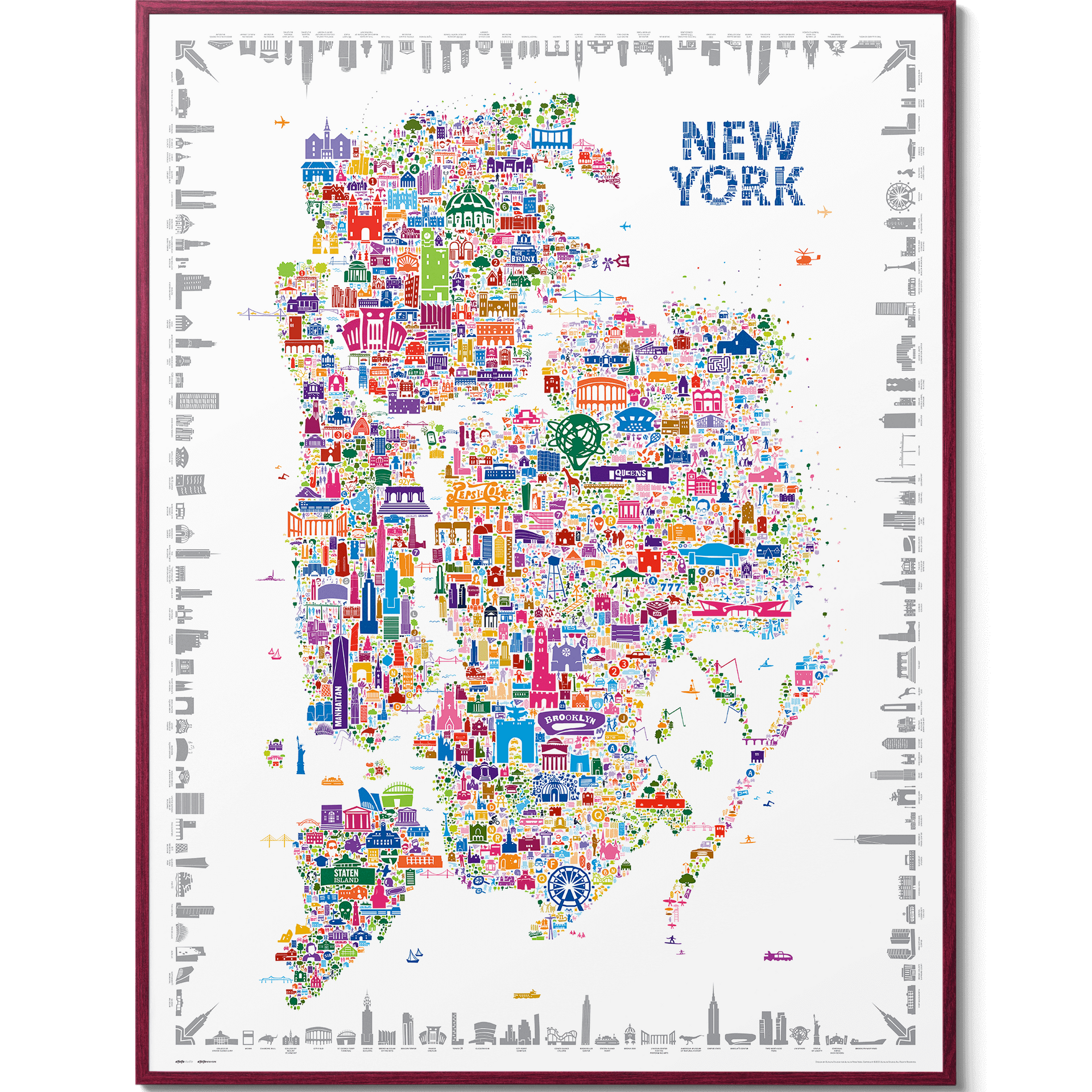Colorful illustrated map poster of New York City by Alfalfa New York, highlighting landmarks across all five boroughs in a vibrant modern art style.