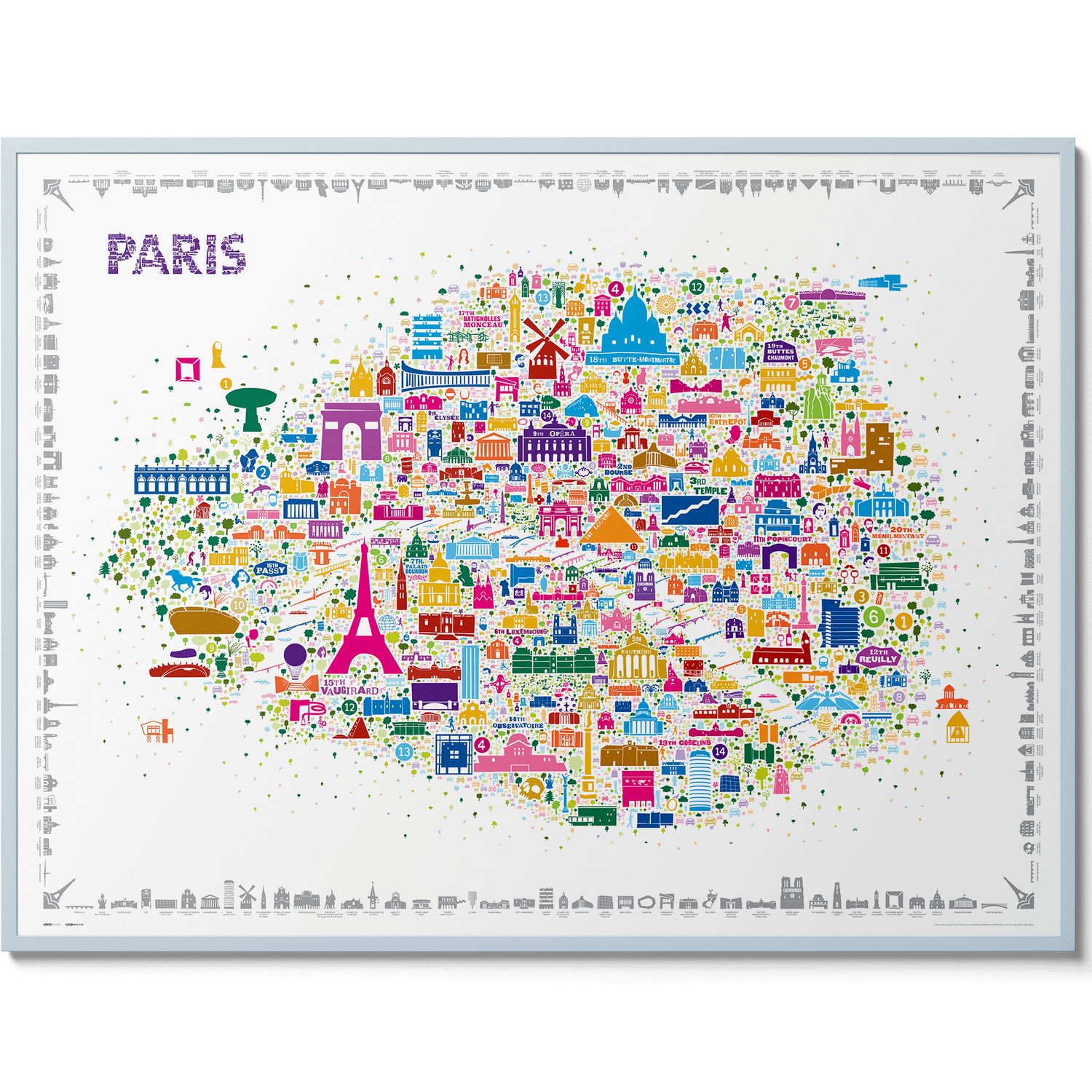 Colorful map of Paris with various icons on a white background