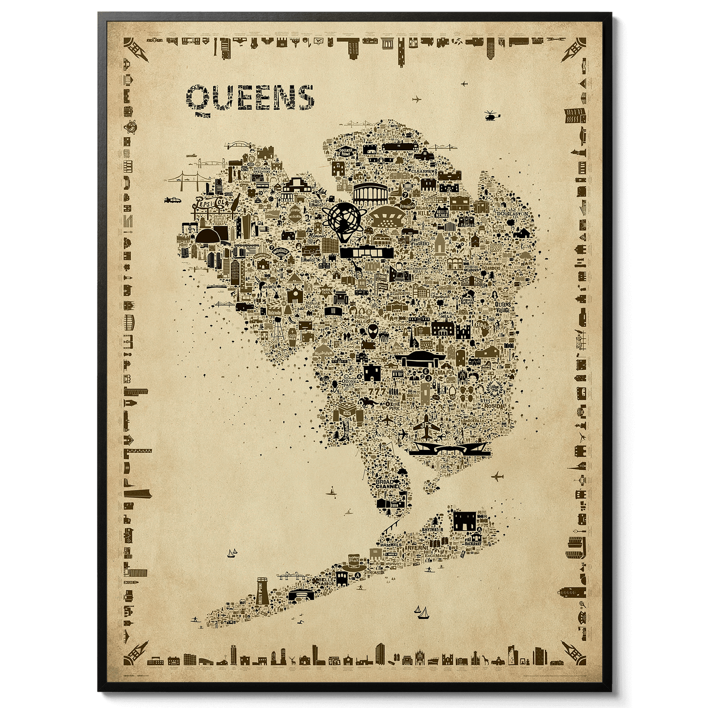 Iconic Queens Antique Edition Poster by Alfalfa New York – framed map print in sepia tones featuring landmarks of Queens, NYC. Designer wall art for vintage home décor and collectors.