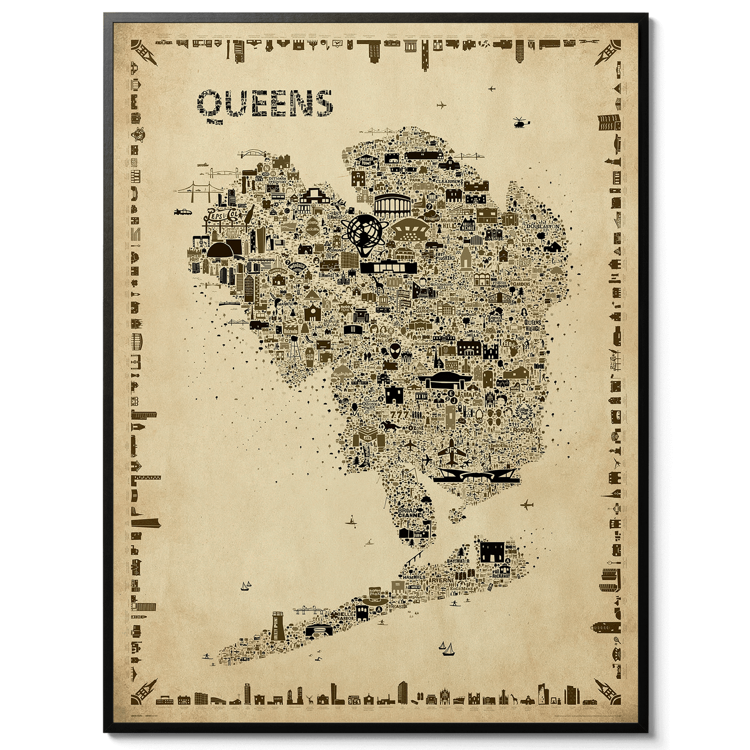 Iconic Queens Antique Edition Poster by Alfalfa New York – framed map print in sepia tones featuring landmarks of Queens, NYC. Designer wall art for vintage home décor and collectors.