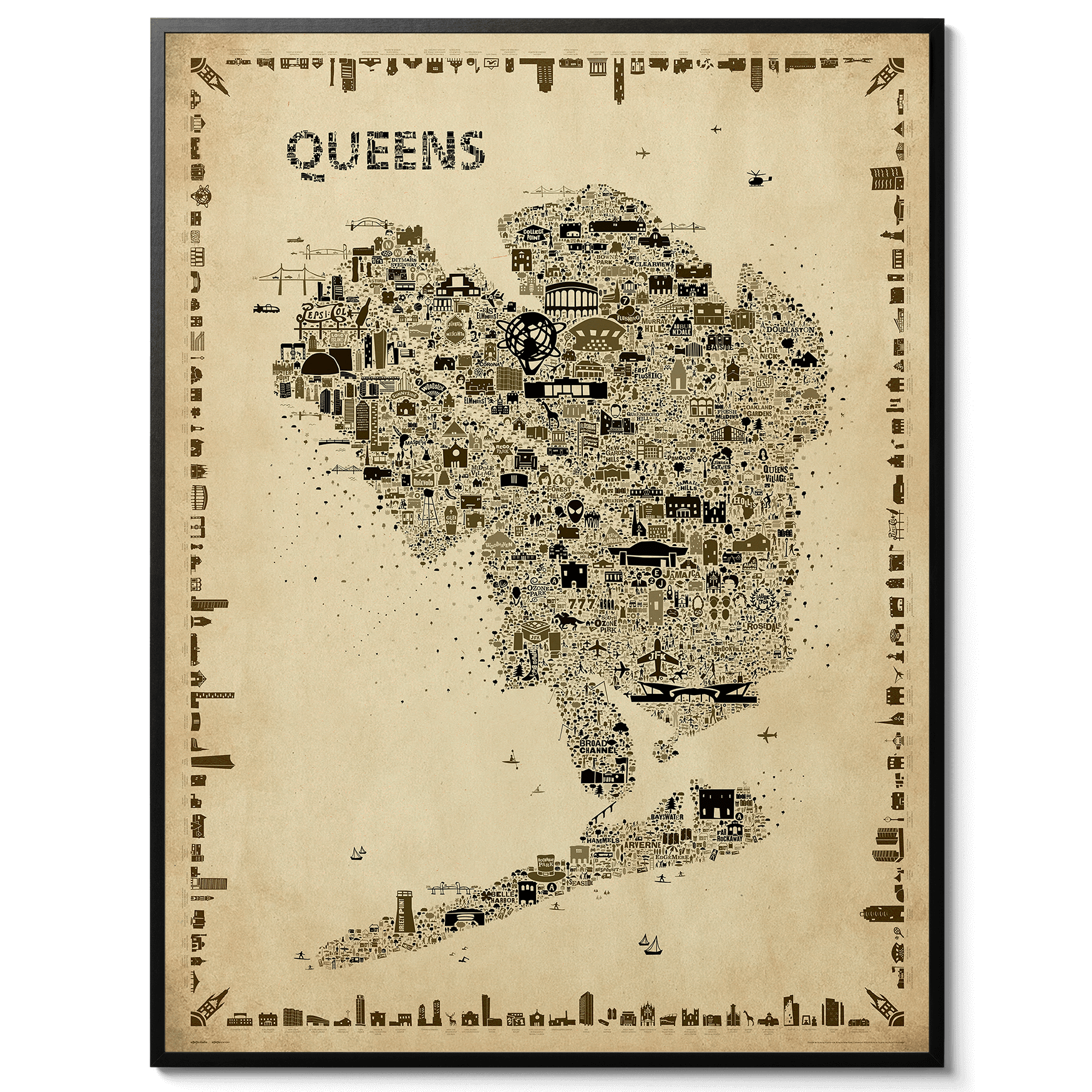 Iconic Queens Antique Edition Poster by Alfalfa New York – framed map print in sepia tones featuring landmarks of Queens, NYC. Designer wall art for vintage home décor and collectors.