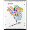 Colorful illustrated map poster of Queens by Alfalfa New York, featuring local landmarks like the Unisphere, Citi Field, and Queensboro Bridge in a vibrant modern art style.