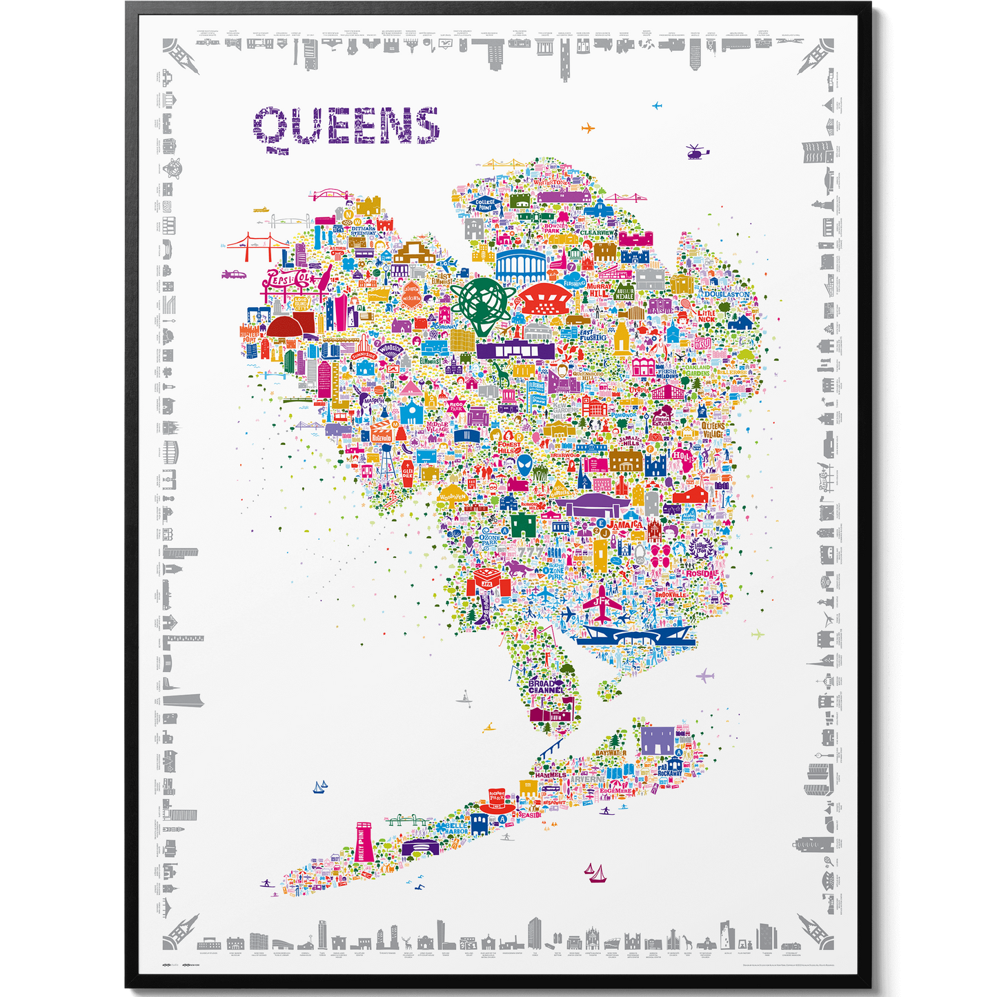 Colorful illustrated map poster of Queens by Alfalfa New York, featuring local landmarks like the Unisphere, Citi Field, and Queensboro Bridge in a vibrant modern art style.