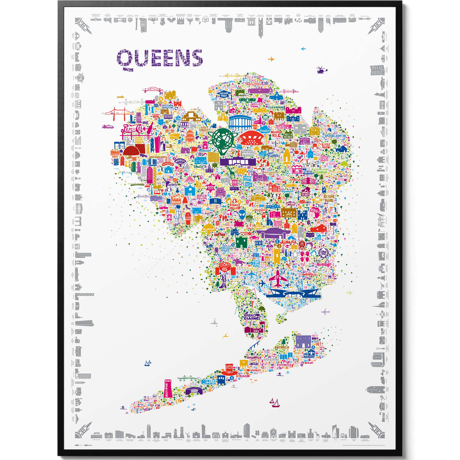 Colorful illustrated map poster of Queens by Alfalfa New York, featuring local landmarks like the Unisphere, Citi Field, and Queensboro Bridge in a vibrant modern art style.