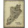 Iconic Staten Island Antique Edition vintage illustrated map poster featuring more than 700 hand-drawn icons. Sepia wall art print celebrating New York City's borough of Staten Island, perfect for home décor, office décor, travel lovers and unique gifts.
